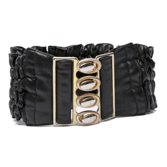Vegan Faux Leather Wide Cinch Belt Ruffled Black Stretch Waist Band Gold Buckle - Picture 11 of 11